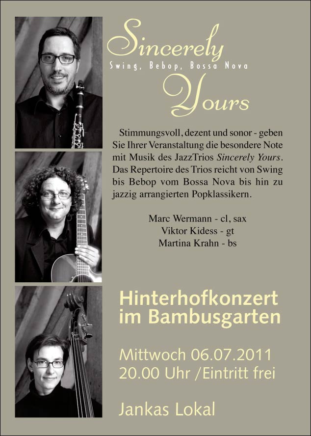 Hinterhofkonzert mit dem Trio Sincerely Yours